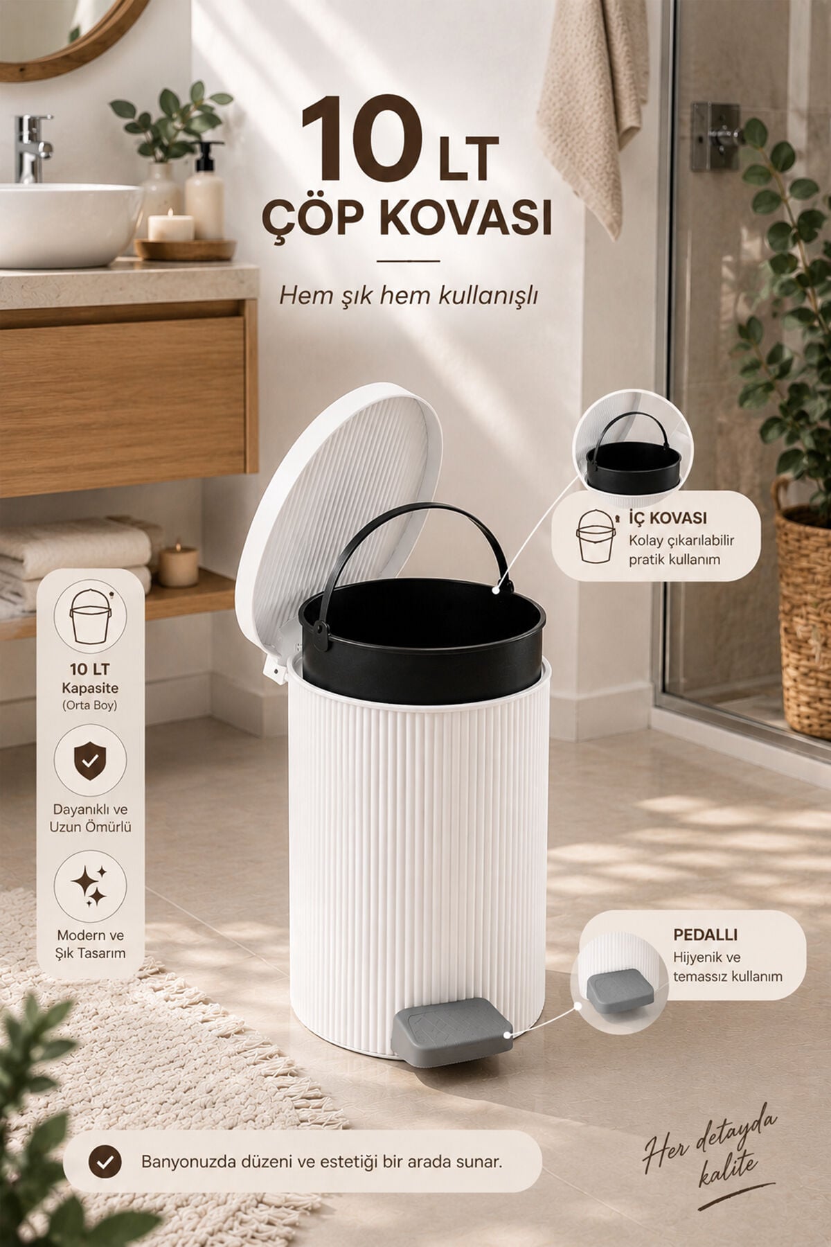 Porsima 0706-1 Still Beyaz 10 Litre Pedallı İç Kovalı Yuvarlak Banyo & Mutfak Çöp Kovası