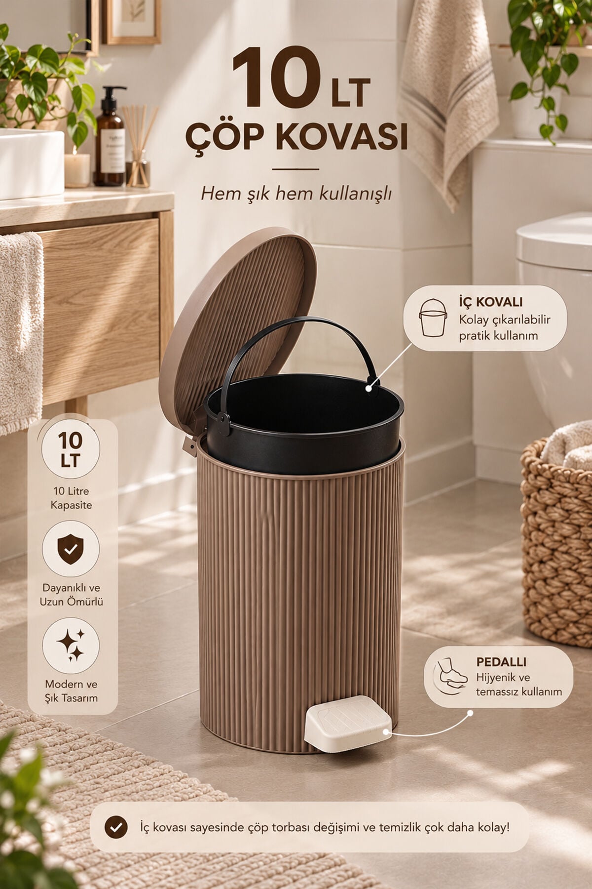 Porsima 0706-2 Still Mokka 10 Litre Pedallı İç Kovalı Yuvarlak Banyo & Mutfak Çöp Kovası