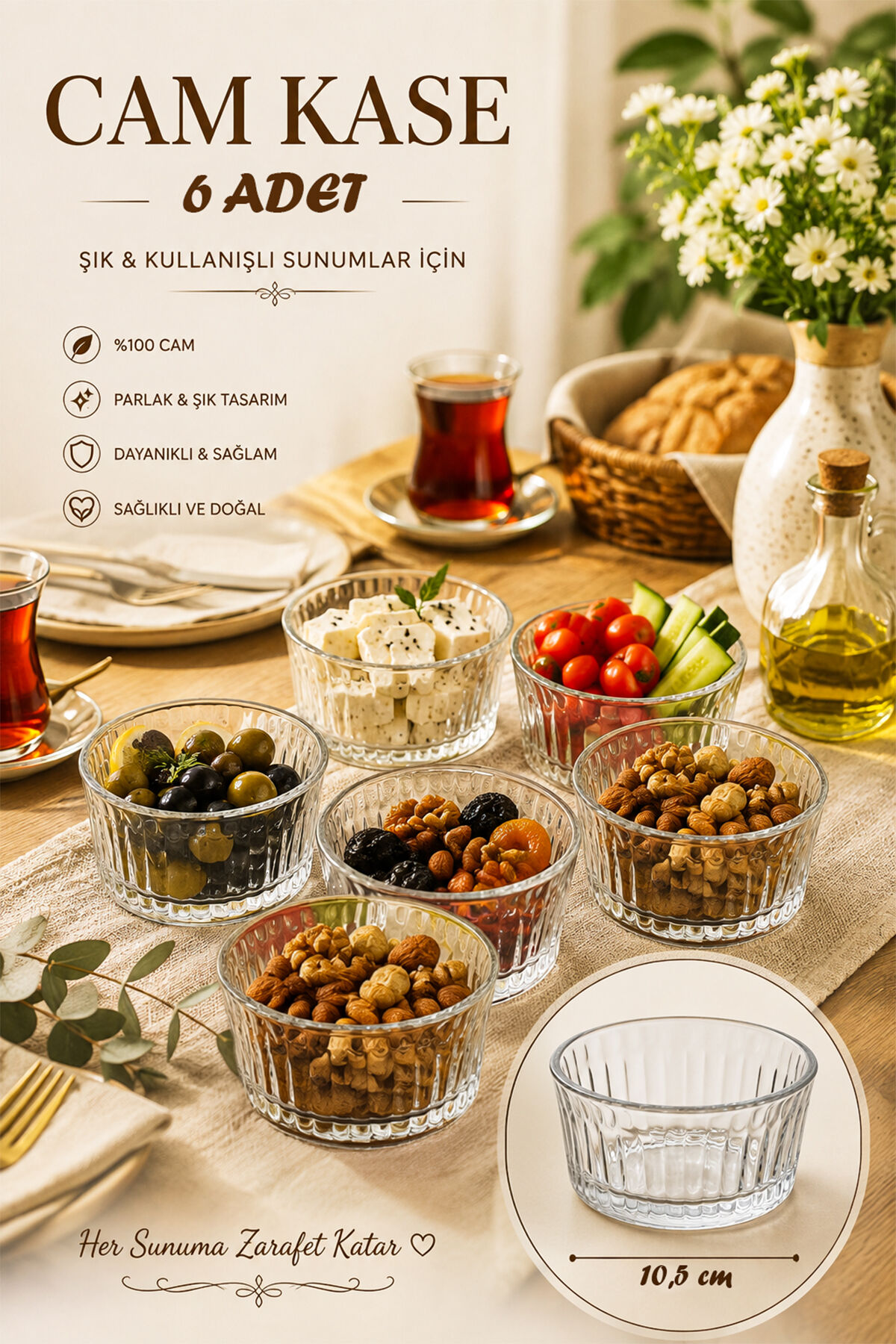 Porsima 13992 Vanes Asya 6'lı 200 ml Çizgili Cam Çerezlik, Reçellik & Kahvaltılık Kase