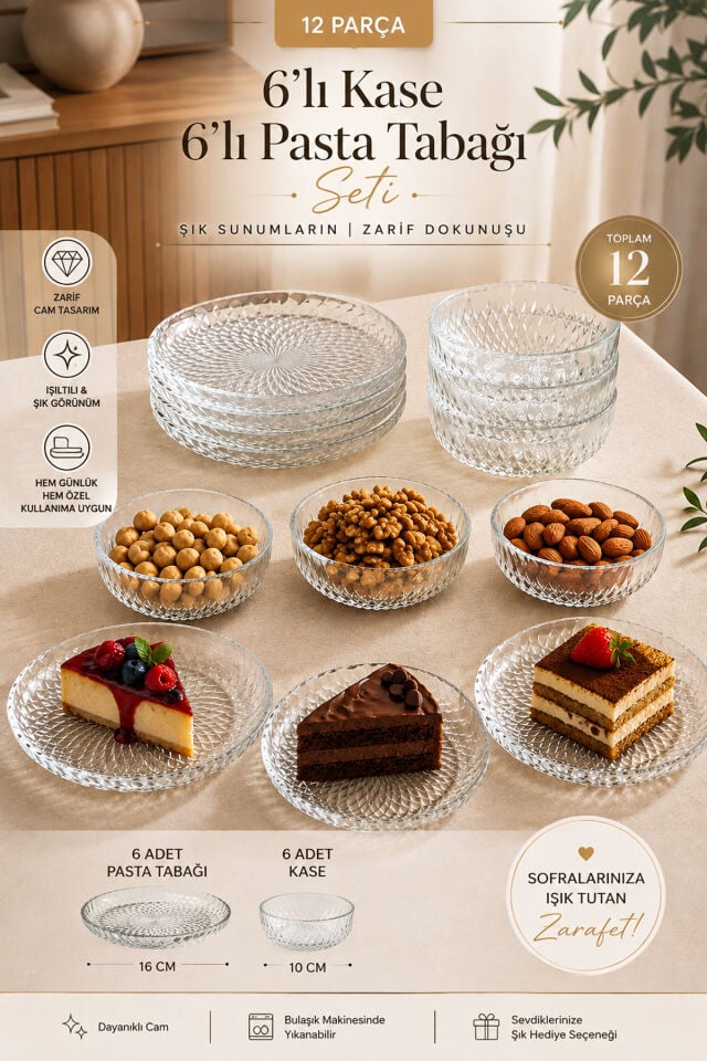 Porsima 13917-1 Aren Mozaik 12 Parça Cam Sunum Seti - 6 Kişilik Pasta Tabağı & Çerezlik