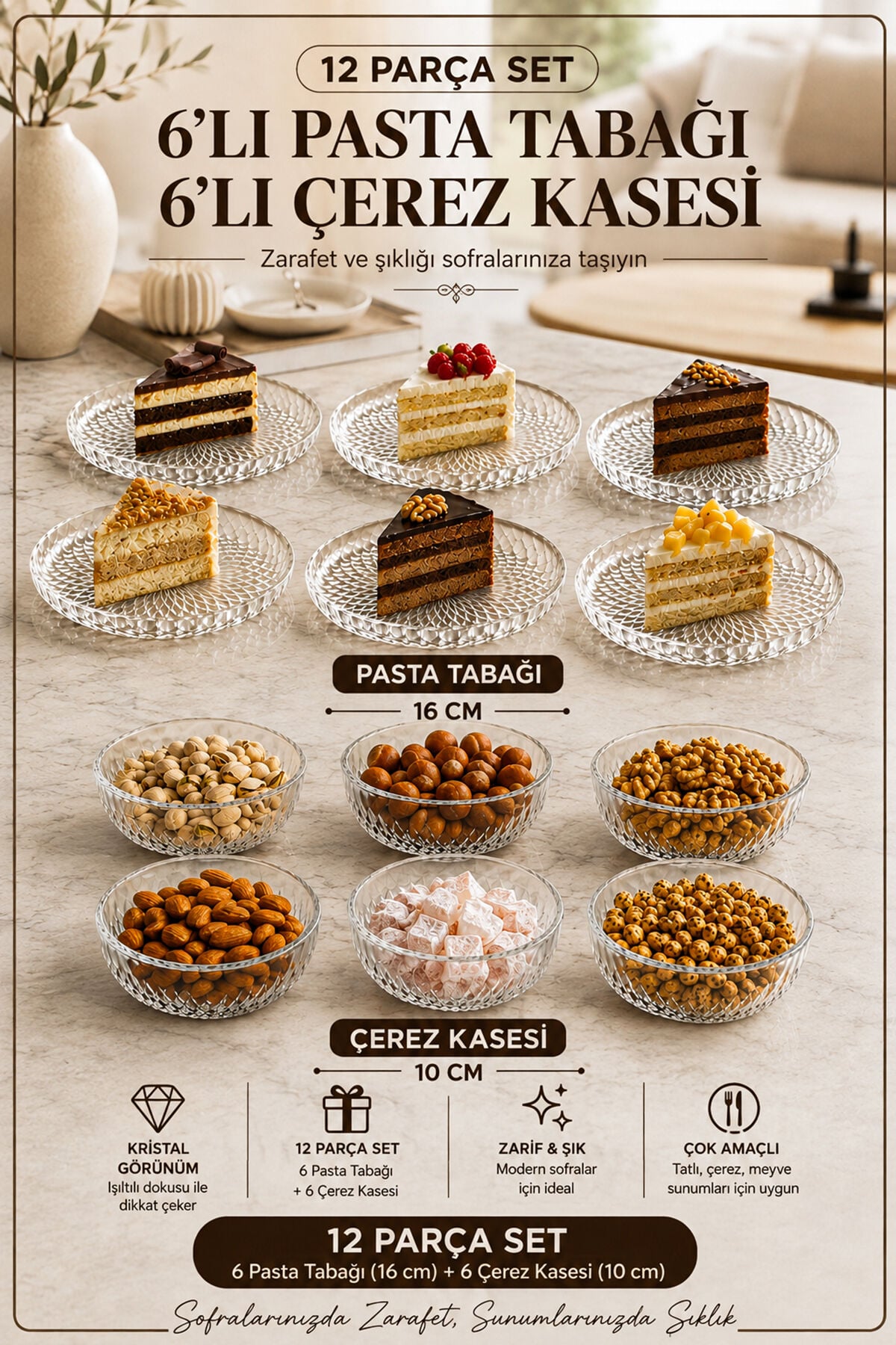 Porsima 13917-1 Aren Mozaik 12 Parça Cam Sunum Seti - 6 Kişilik Pasta Tabağı & Çerezlik