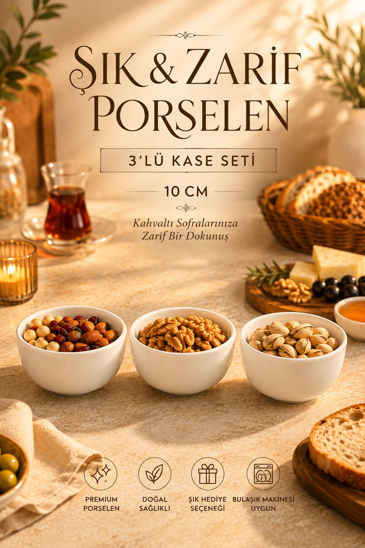 Porsima Snap 3'lü Porselen Çerezlik ve Kahvaltılık Kase Seti – 10 cm Beyaz Sosluk & İkramlık Kase