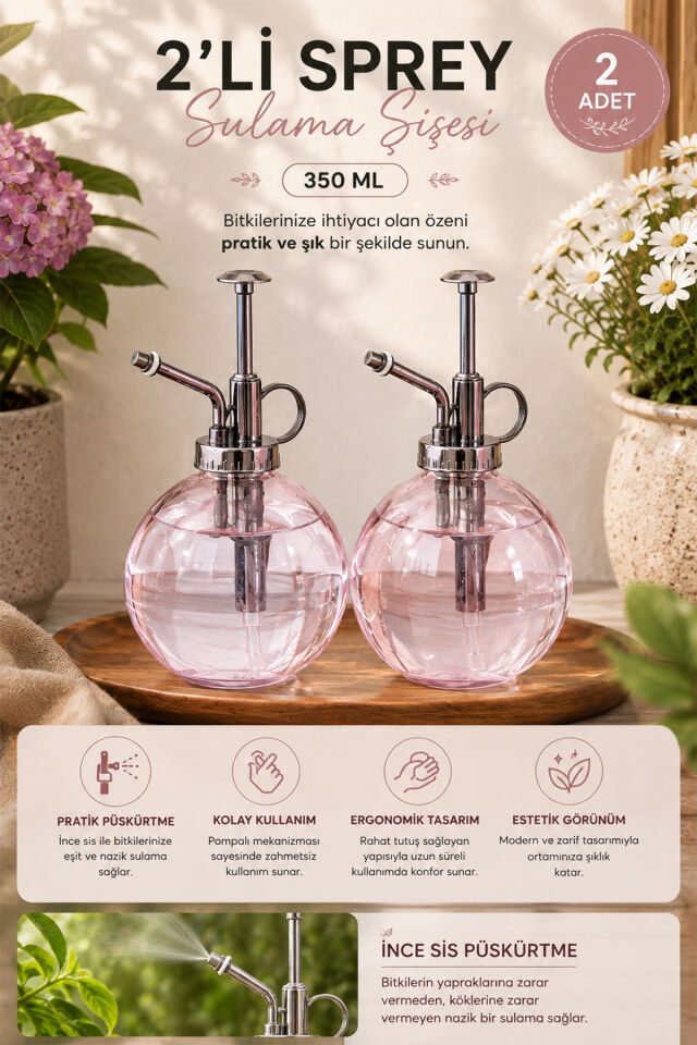 Porsima 15729 2'li Cam Sprey Şişe Seti 350 ml – Pembe Cam Çiçek Bitki Sulama Püskürtücü & Sprey Yağdanlık