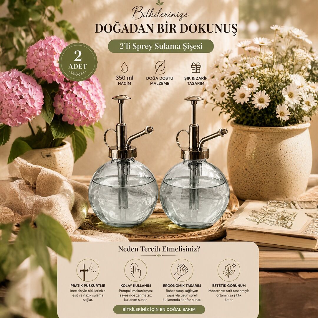 Porsima 15729 2'li Cam Sprey Şişe Seti 350 ml – Gri Cam Çiçek Bitki Sulama Püskürtücü & Sprey Yağdanlık