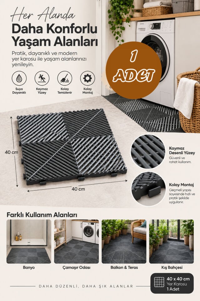 Porsima 0775 Antrasit Geçmeli Plastik Yer Karosu 40x40 cm – Kaymaz Izgaralı Balkon, Banyo, Teras & Bahçe Zemin Karo