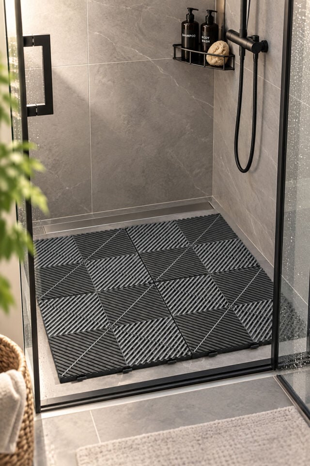 Porsima 0775  Antrasit Geçmeli Plastik Yer Karosu 2'li Set – Kaymaz Izgaralı Balkon, Banyo & Teras Zemin Karo (40x40 cm)