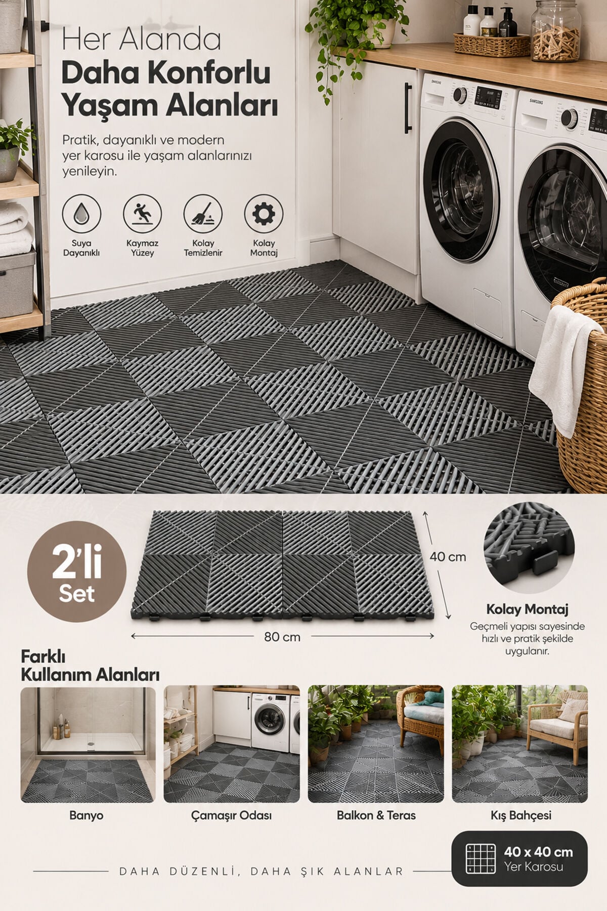 Porsima 0775  Antrasit Geçmeli Plastik Yer Karosu 2'li Set – Kaymaz Izgaralı Balkon, Banyo & Teras Zemin Karo (40x40 cm)