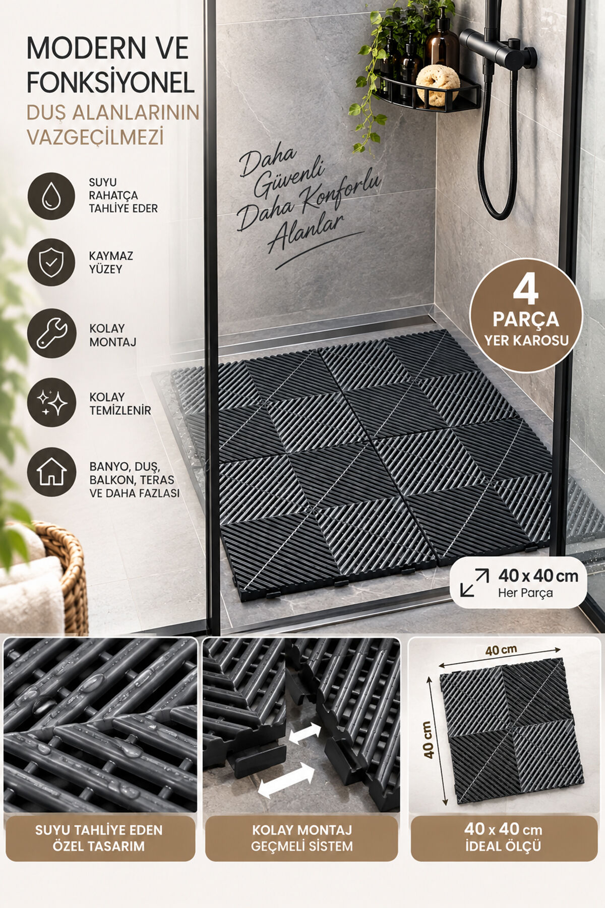Porsima 0775 Antrasit Geçmeli Plastik Yer Karosu 4'lü Set – Kaymaz Izgaralı Balkon, Banyo & Teras Zemin Karo (40x40 cm)