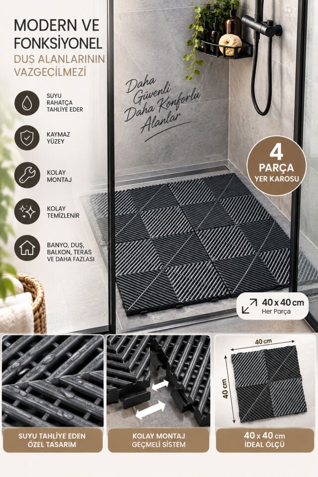 Porsima 0775 Antrasit Geçmeli Plastik Yer Karosu 4'lü Set – Kaymaz Izgaralı Balkon, Banyo & Teras Zemin Karo (40x40 cm)