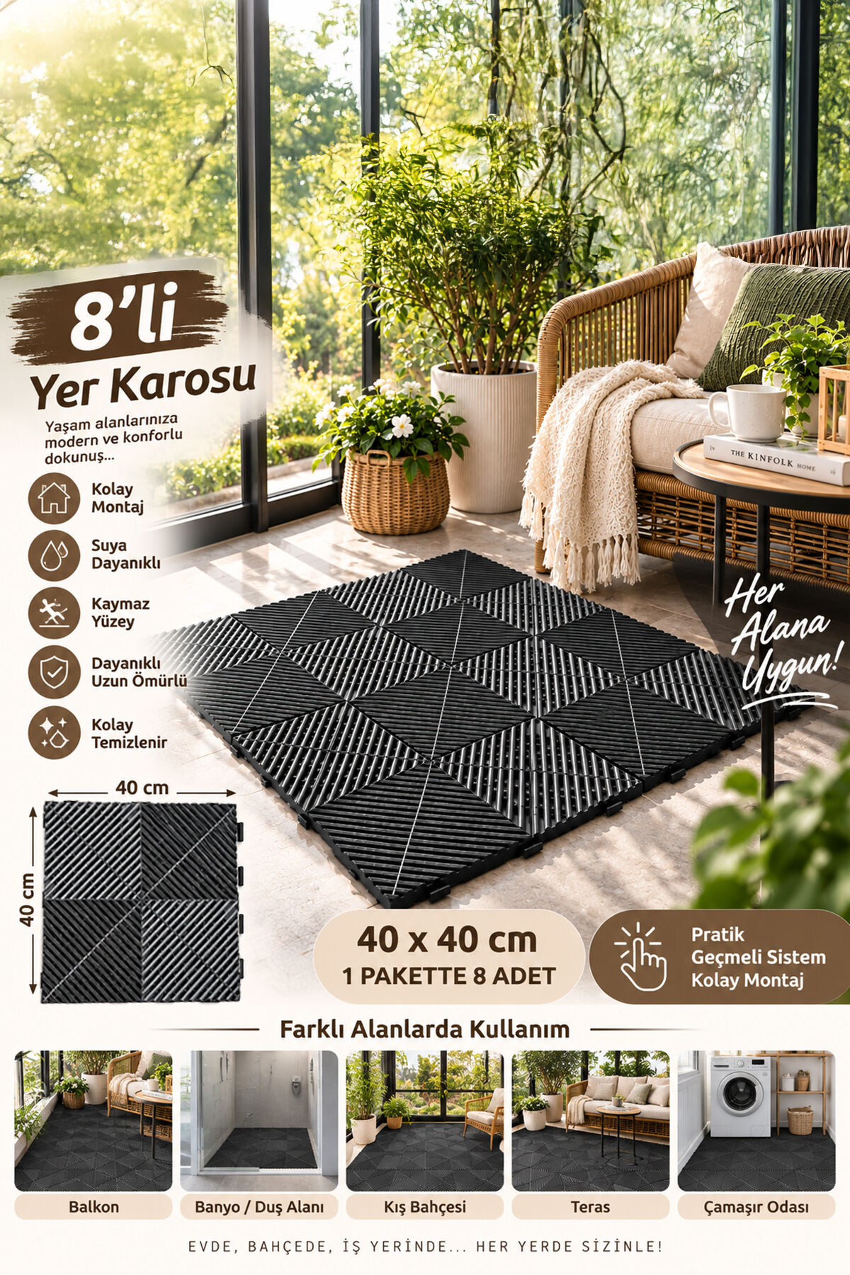 Porsima 0775 Antrasit Geçmeli Plastik Yer Karosu 8'li Set – Kaymaz Izgaralı Balkon, Banyo & Teras Zemin Karo(40x40 cm)