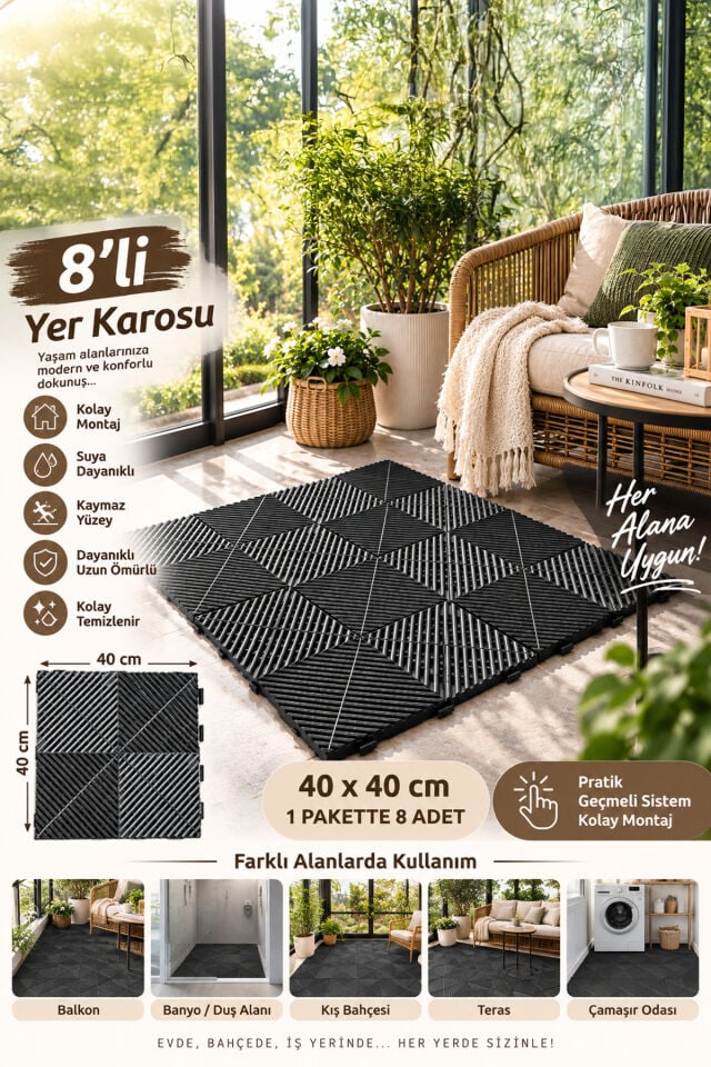 Porsima 0775 Antrasit Geçmeli Plastik Yer Karosu 8'li Set – Kaymaz Izgaralı Balkon, Banyo & Teras Zemin Karo(40x40 cm)