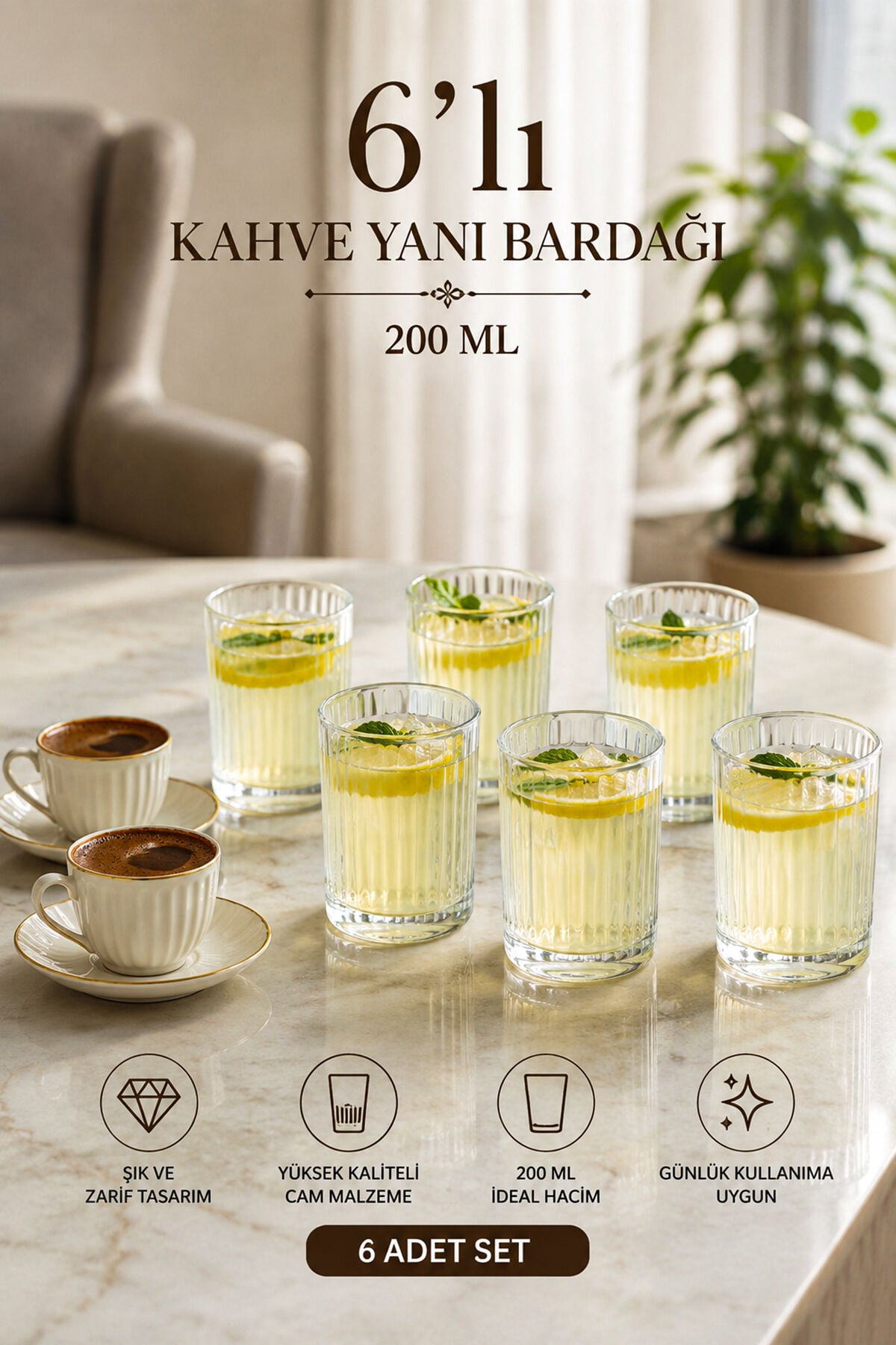 Porsima Berrak 13938 6'lı Çizgili Cam Kahve Yanı Su Bardak Seti – 200 ml Meşrubat & İkram Bardağı