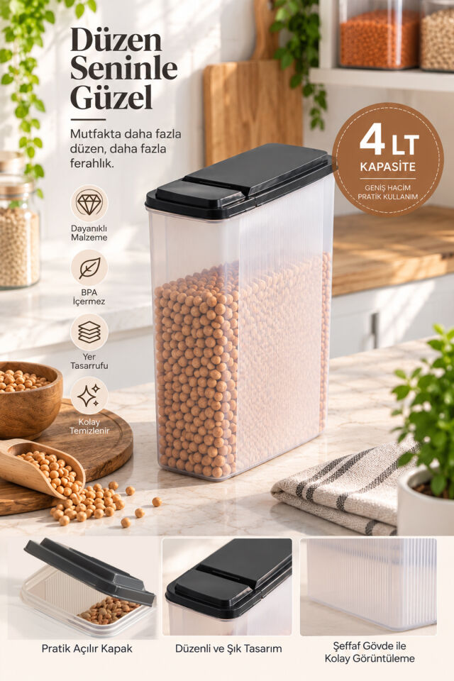 Porsima Ak-571 2'li Erzak Kabı Seti (2 x 4 Lt) – Ölçü Çizgili, Pratik Açılır Siyah Kapaklı Kuru Gıda & Bakliyat Saklama Kabı