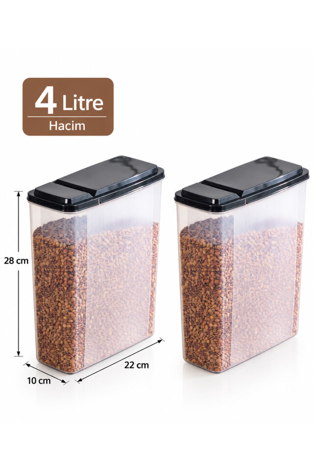 Porsima Ak-571 2'li Erzak Kabı Seti (2 x 4 Lt) – Ölçü Çizgili, Pratik Açılır Siyah Kapaklı Kuru Gıda & Bakliyat Saklama Kabı
