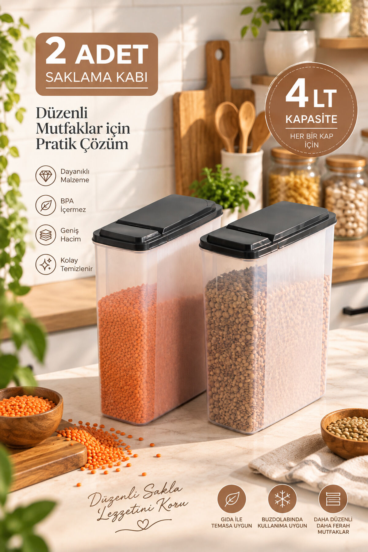 Porsima Ak-571 2'li Erzak Kabı Seti (2 x 4 Lt) – Ölçü Çizgili, Pratik Açılır Siyah Kapaklı Kuru Gıda & Bakliyat Saklama Kabı