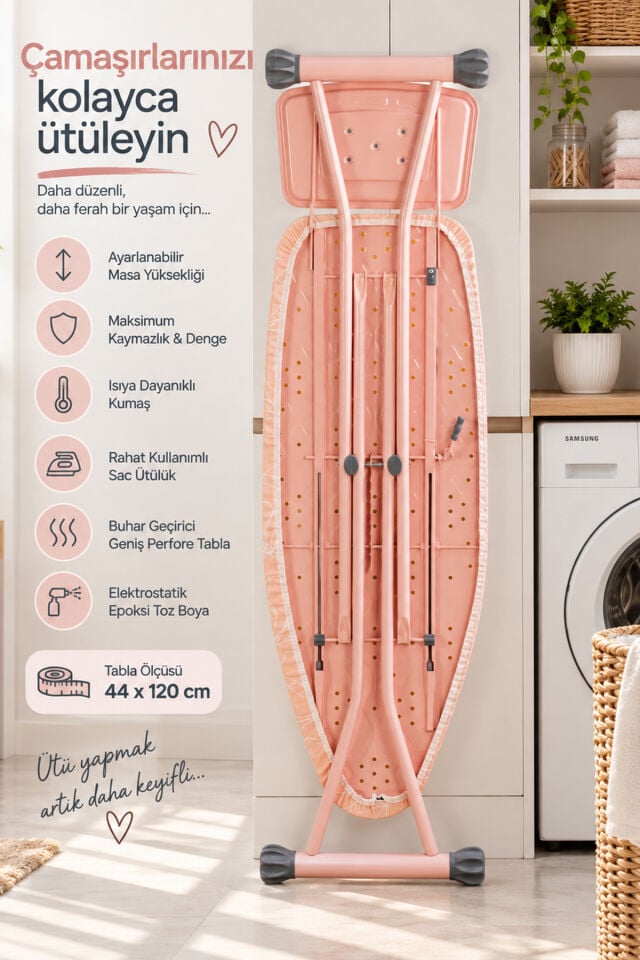 Perilla 15014-1 Liana Lüks Ütü Masası – Geniş Perfore Tablalı, Isıya Dayanıklı Kumaş & Kaymaz Ayaklı Ütü Masası (44x120 cm)