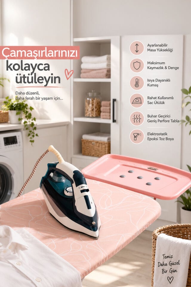 Perilla 15014-1 Liana Lüks Ütü Masası – Geniş Perfore Tablalı, Isıya Dayanıklı Kumaş & Kaymaz Ayaklı Ütü Masası (44x120 cm)