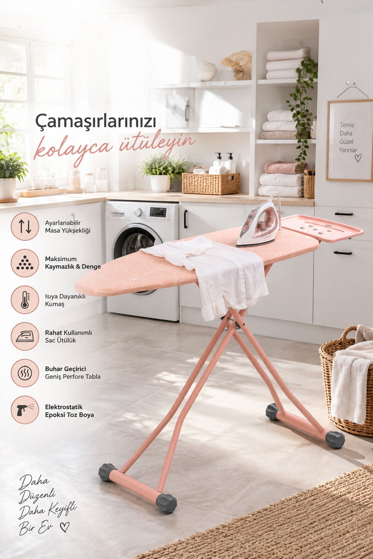 Perilla 15014-1 Liana Lüks Ütü Masası – Geniş Perfore Tablalı, Isıya Dayanıklı Kumaş & Kaymaz Ayaklı Ütü Masası (44x120 cm)