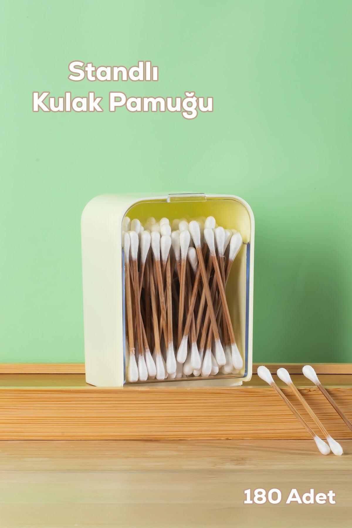 Porsima 3135 Doğal Ahşap Bambu Saplı Standlı Kulak Temizleme Çubuğu Seti- 180 Adet