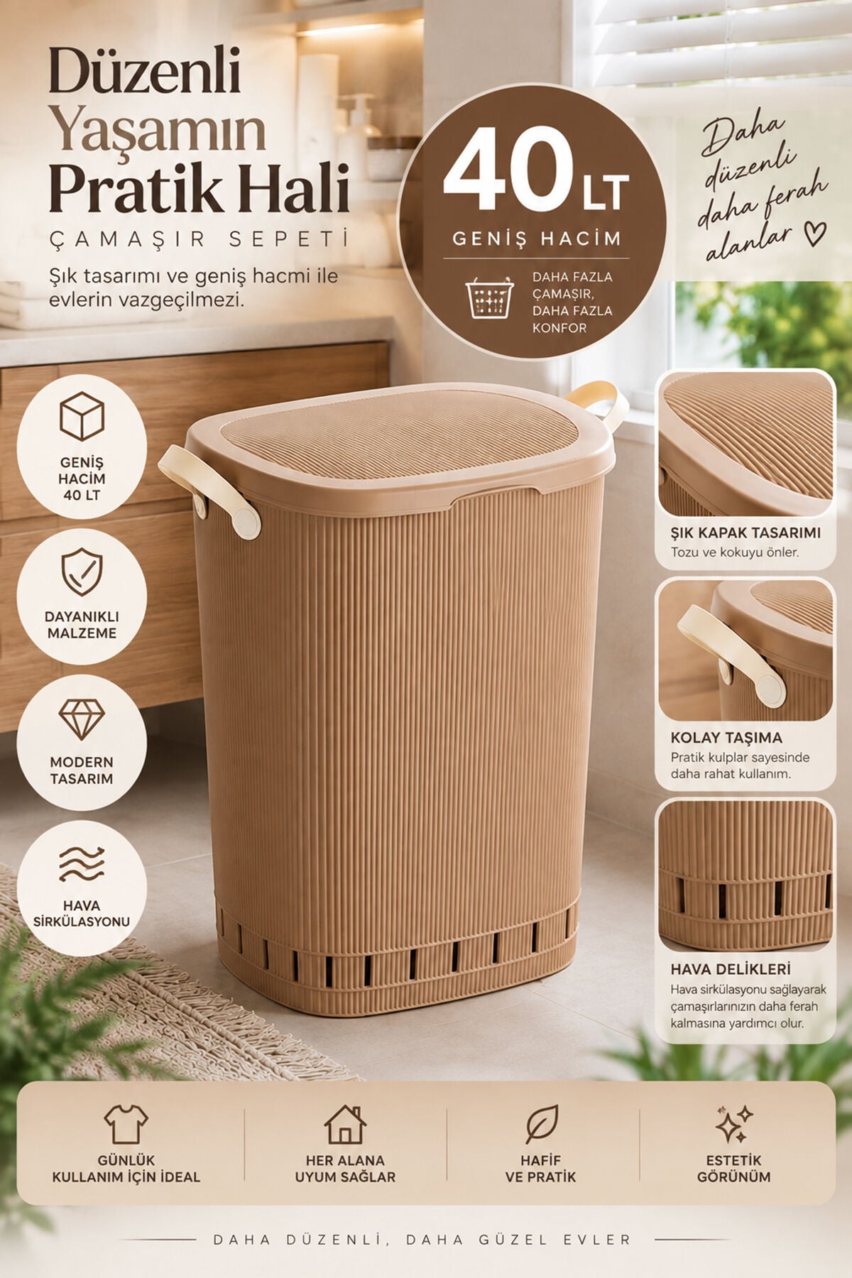 Porsima 0157-2 Still Mokka Kirli Çamaşır Sepeti 40 Lt – Kapaklı, Hava Delikli, Kulplu Plastik Çamaşır Sepeti
