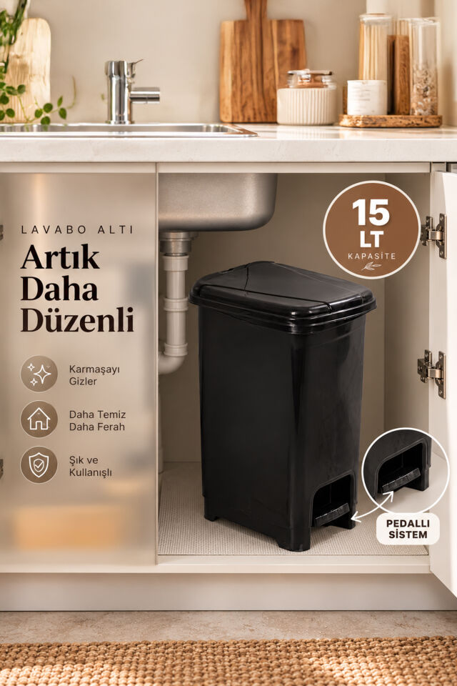 Porsima 0123-1 Slim Pedallı Çöp Kovası 15 Lt Siyah – Taşıma Kulplu İç Kovalı, Mutfak ve Banyo İçin Dar Alan Çöp Kovası