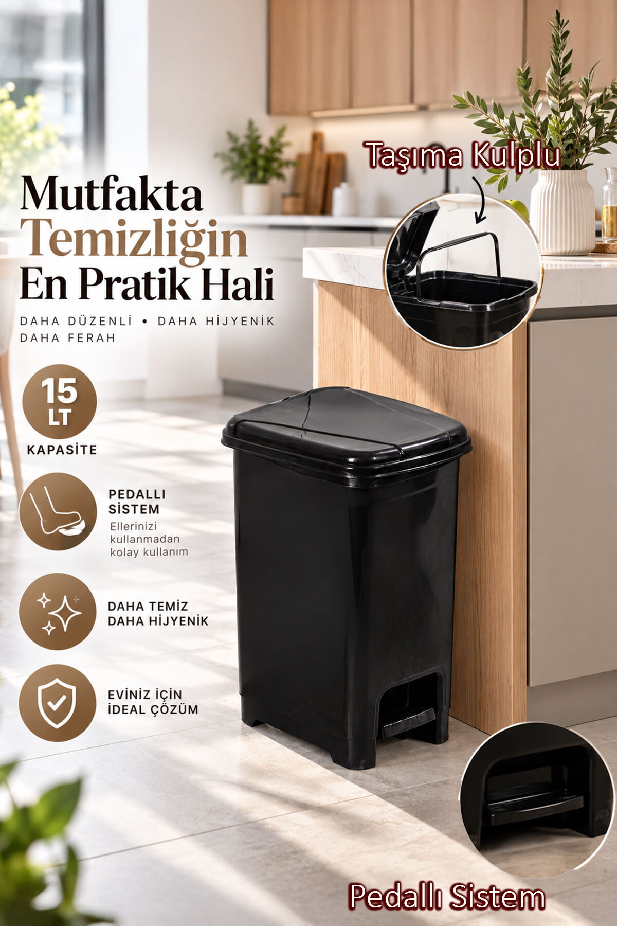 Porsima 0123-1 Slim Pedallı Çöp Kovası 15 Lt Siyah – Taşıma Kulplu İç Kovalı, Mutfak ve Banyo İçin Dar Alan Çöp Kovası