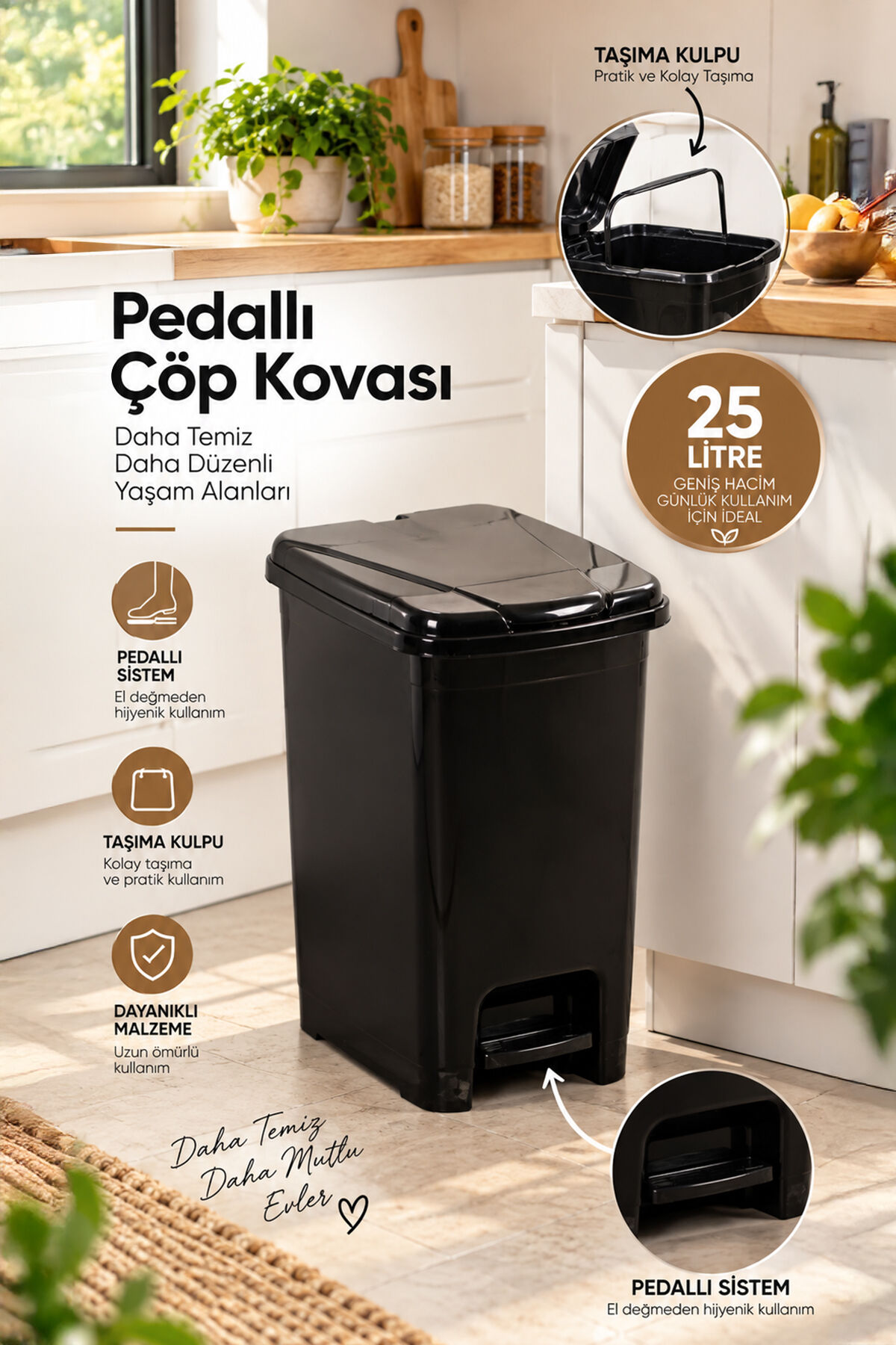 Porsima 0131-1 Slim Pedallı Çöp Kovası 25 Lt Siyah – Taşıma Kulplu İç Kovalı, Mutfak ve Banyo İçin İnce Çöp Kovası