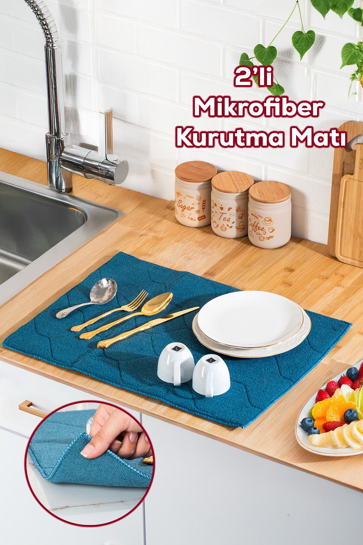 Porsima 3139-2 2li Mikrofiber Bulaşık Kurulama Matı Kurutma Örtüsü Tezgah Üstü Süper Emici Mavi 38*51 cm