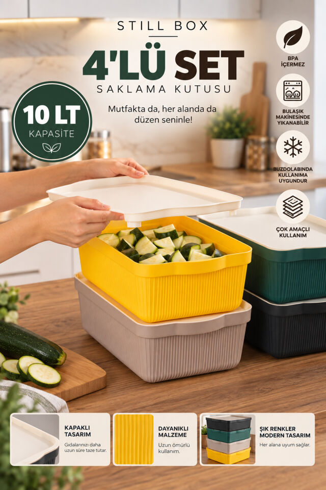 Porsima 4516 Mix Still Box 4'lü Kapaklı Çok Amaçlı Saklama Kutusu Seti – 10 LT Mutfak & Buzdolabı Düzenleyici Kutu