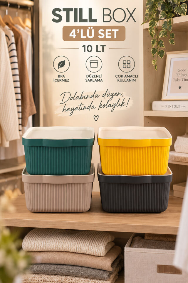 Porsima 4516 Mix Still Box 4'lü Kapaklı Çok Amaçlı Saklama Kutusu Seti – 10 LT Mutfak & Buzdolabı Düzenleyici Kutu