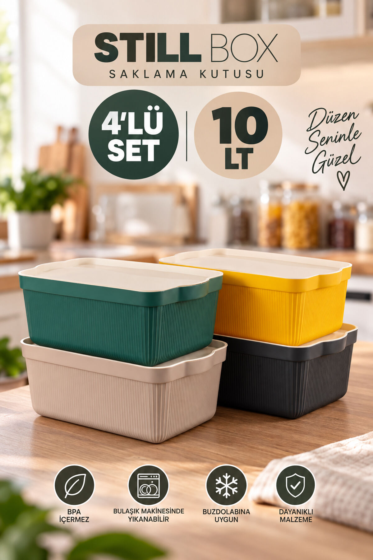 Porsima 4516 Mix Still Box 4'lü Kapaklı Çok Amaçlı Saklama Kutusu Seti – 10 LT Mutfak & Buzdolabı Düzenleyici Kutu