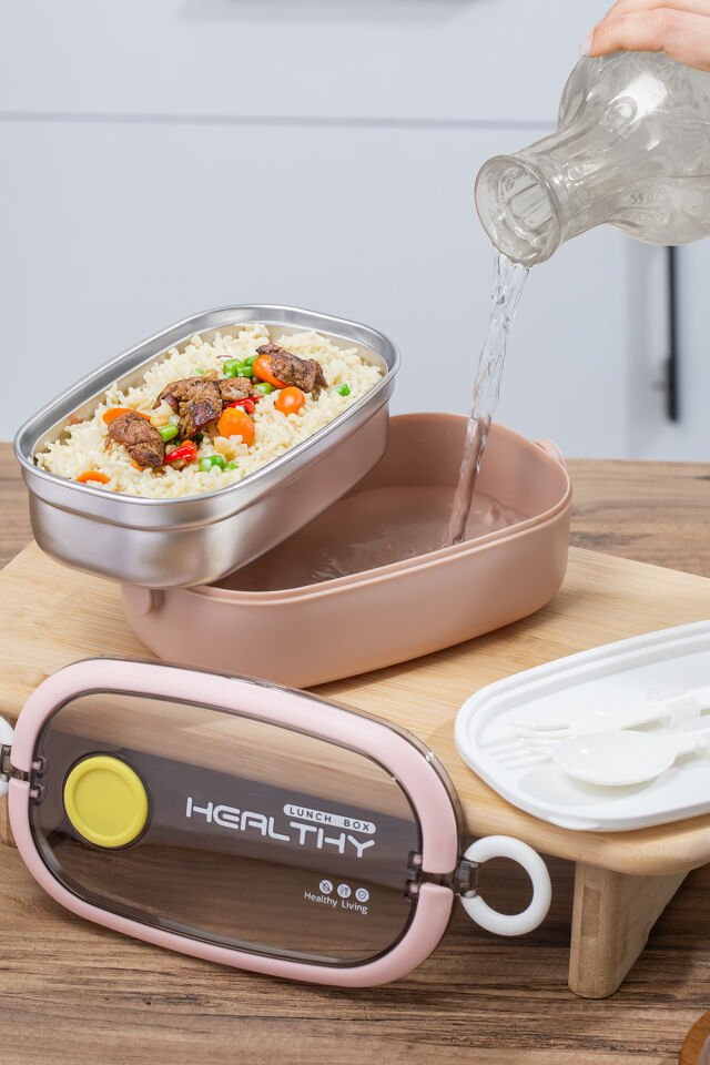 Porsima 66729-1 Vakumlu Lunch Box İki Katlı Paslanmaz Çelik Kolay Kilitlenir Kendinden Kaşıklı Sefer Tası