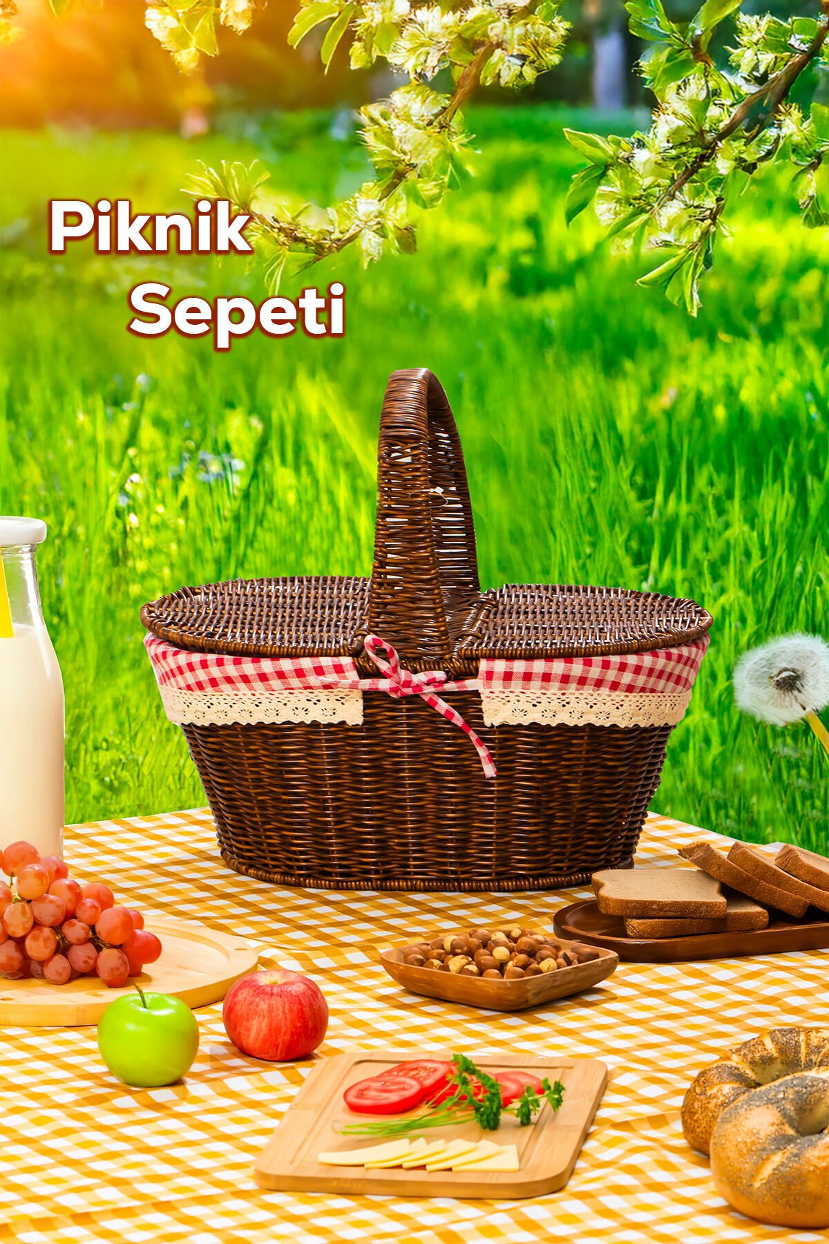 Porsima 2080 Oval Hasır Görünümlü Piknik Sepeti Piknik Çantası 41x35cm
