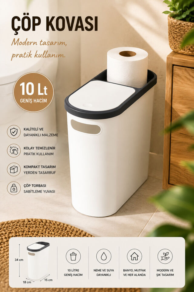 Porsima M-325 Çöp Kutusu Banyo Mutfak Çöp Kovası Kapaklı Banyo Çöp Kovası 10 Lt